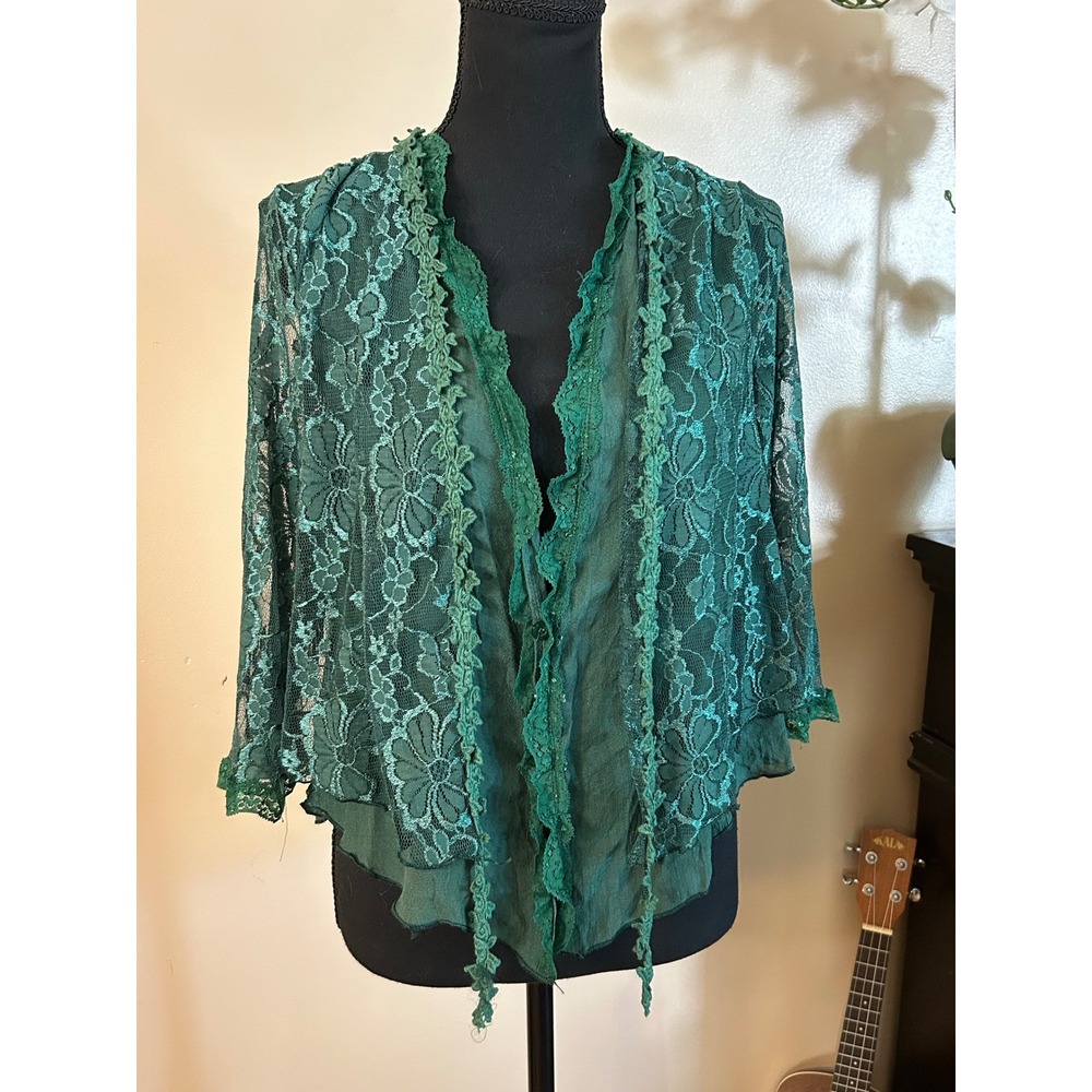 Pretty Angel Green Lace Cardigan Top Floral Crochet Trim Linen Blend Boho Small